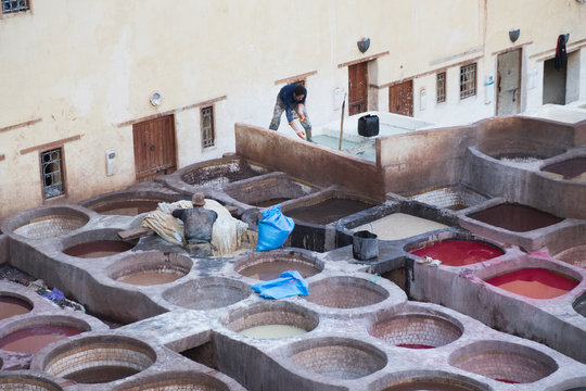 Local people painting leather at the tannery by the ancient way  in Morocco.