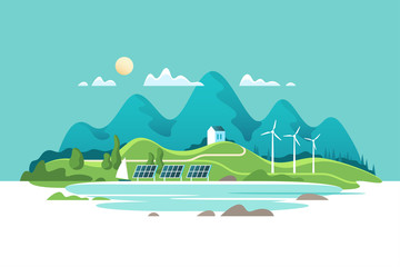 Concept of green renewable energy. Summer landscape with house on a background lake and of forest mountains. Vector illustration.