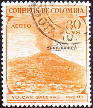 Volcano Galeras on vintage colombian postage stamp