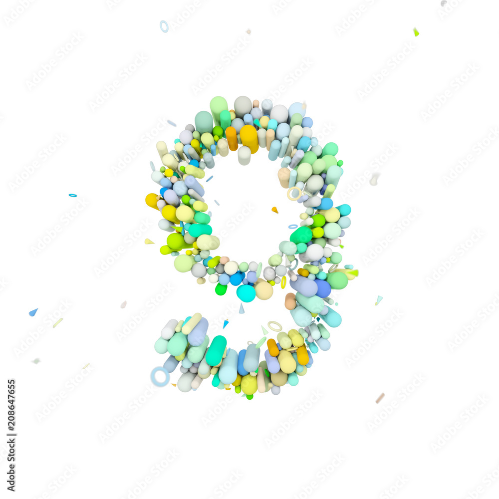 Fototapete alphabet number 9. funny font made of plastic geometric shapes. 3d render isolated on white backgrou