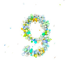 Alphabet number 9. Funny font made of plastic geometric shapes. 3D render isolated on white background.