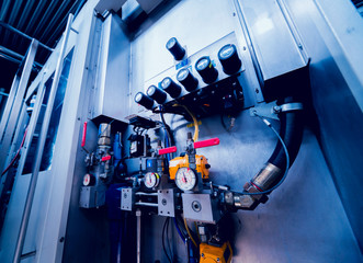 Beverage factory interior. Conveyor with bottles for juice or water. Equipments