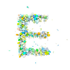 Alphabet letter E uppercase. Funny font made of plastic geometric shapes. 3D render isolated on white background.
