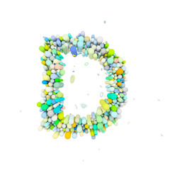 Alphabet letter D uppercase. Funny font made of plastic geometric shapes. 3D render isolated on white background.