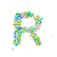 Alphabet letter R uppercase. Funny font made of plastic geometric shapes. 3D render isolated on white background.