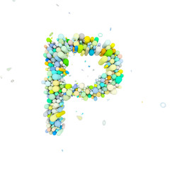 Alphabet letter P uppercase. Funny font made of plastic geometric shapes. 3D render isolated on white background.