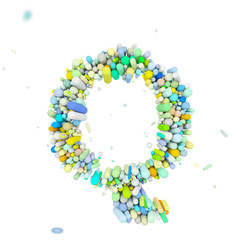 Alphabet letter Q uppercase. Funny font made of plastic geometric shapes. 3D render isolated on white background.