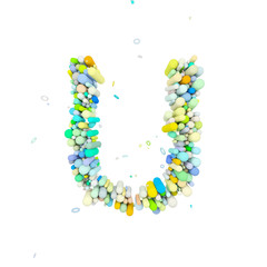 Alphabet letter U uppercase. Funny font made of plastic geometric shapes. 3D render isolated on white background.