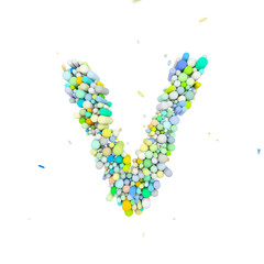 Alphabet letter V uppercase. Funny font made of plastic geometric shapes. 3D render isolated on white background.