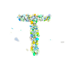 Alphabet letter T uppercase. Funny font made of plastic geometric shapes. 3D render isolated on white background.