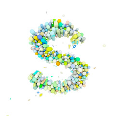 Alphabet letter S uppercase. Funny font made of plastic geometric shapes. 3D render isolated on white background.