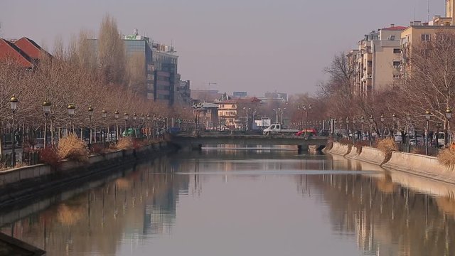City water chanal Cityscape with water channel River watercourse through downtown city vast riverbed