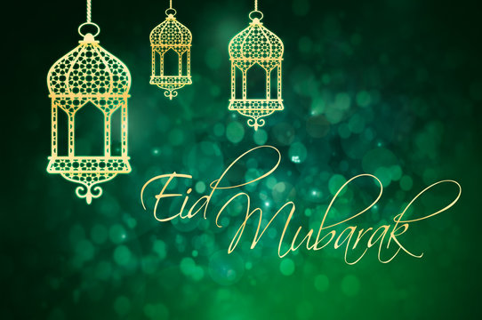 Eid Mubarak greeting for Islamic Holidays, Eid Al-Fitr and Eid Al-Adha. Geen background with golden lanterns