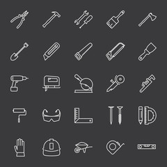 line construction tools icons set on dark background