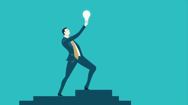 Businessman staying on top of the stairs and raising up the light bulb as symbol of idea and innovation