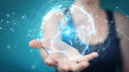 Businesswoman using globe network hologram with Europe map 3D rendering