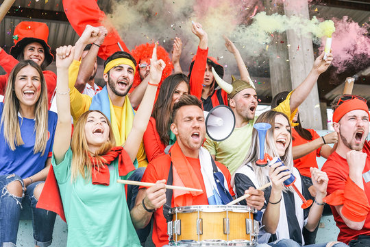 Football Supporter Fans Watching International Soccer Match - Young Group Of Excited Friends Having Fun Exulting At Soccer World Game At Stadium - Youth, Sport And Celebration Score Concept