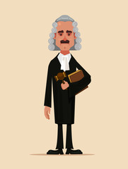 Judge man court worker character standing and holding book and hammer. Low justice people protection concept flat cartoon design graphic isolated illustration