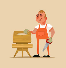 Happy smiling furniture builder manual worker man character making wooden table. Hand made concept flat cartoon design graphic isolated illustration