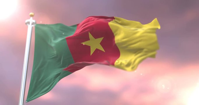 Cameroon flag waving at wind in slow at sunset, loop