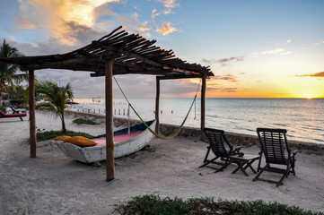 Beach sunset in a Boat Bed Canopy at Holbox Island, Mexico