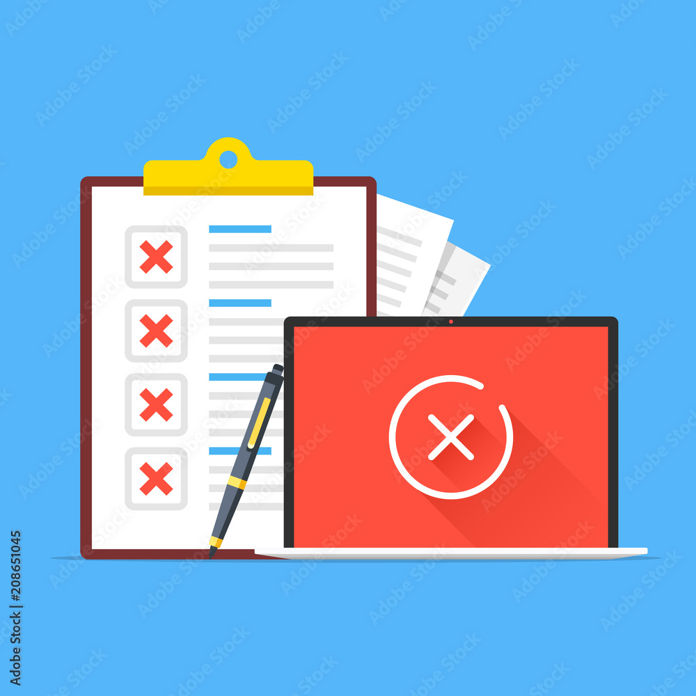 Poster checklist and laptop with cross icon on screen. clipboard with red x marks, pen and notebook with cr
