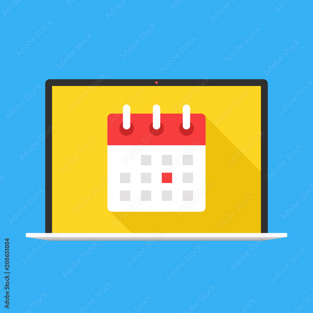 Poster calendar on laptop screen. notebook with calendar icon on screen. modern concept. flat design. vecto