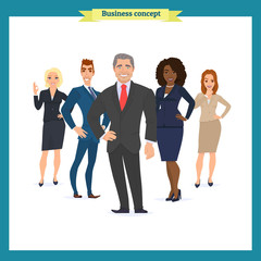 Obraz premium Business People teamwork, Vector illustration in a flat style cartoon character. Business team. A group of people dressed in strict suit.