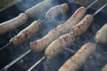 grilled sausage on a barbecue grill, thai food