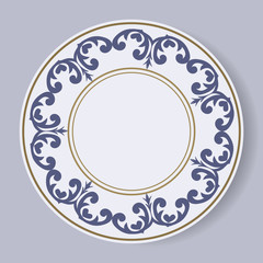 Decorative plate with a circular pattern. Blue background. Vector illustration.
