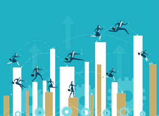 Business people running up to the growth charts. Professional competition and success in the career. 