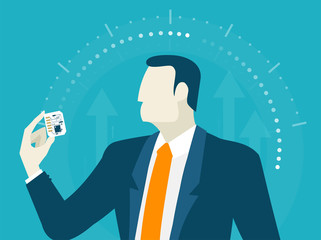 Successful businessmen staying on the moving arrow and holding the ship wheel. Business concept illustration 