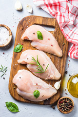 Raw chicken fillet with spices and herbs top view.