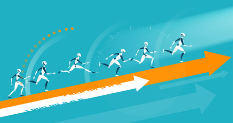 Robots running up of the arrow towards develop. Technology evolution concept
