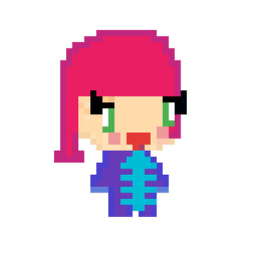 Pixel art: a funny smiling girl with bangs.
