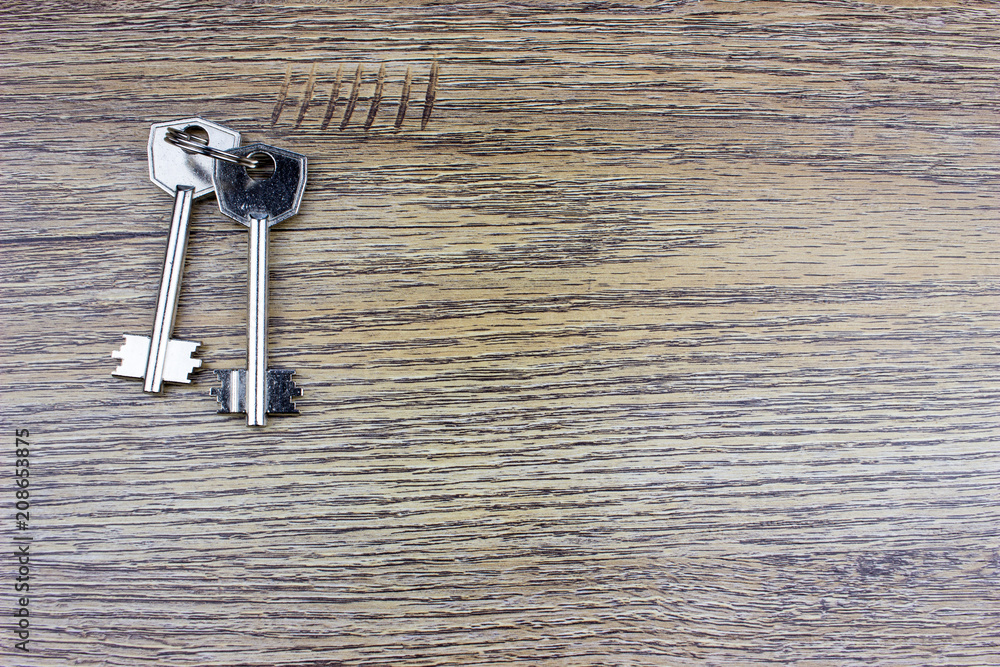 Poster two keys on a table. empty space for text and design.