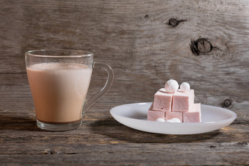 Hot cocoa drink with cranberry paste dessert. tasty sweet drink for children