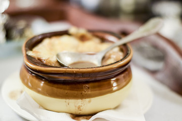 Crock of french onion soup