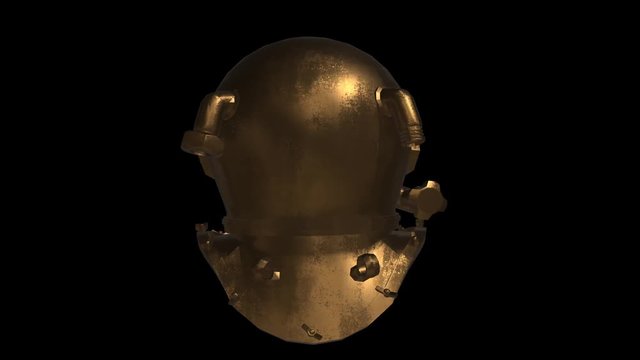 gold diving helmet spinning or rotating on a black background