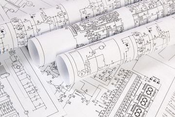 Electronics and Engineering. Printed drawings of electrical circuits. Science, technology and electronics.