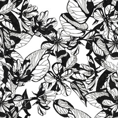flowers seamless patern. Hand drawn ink illustration. Wallpaper or fabric design.