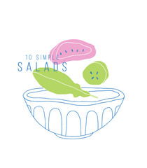 Salad bowl contour on the white background. Doodle kitchen illustration