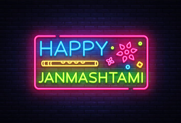 Happy Janmashtami vector greeting card neon. Modern trend design vector template. Greeting card for Krishna's birthday. Illustration of the Indian community festival Krishna Janmashtami