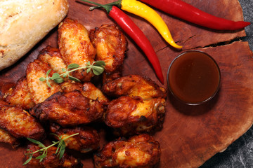 barbecue chicken wings close up on wooden tray