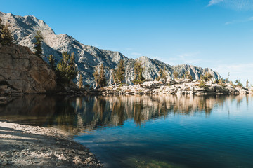 Mt Whitney, USA: Mountain landscape with mirror lake surrounded by high peaks
