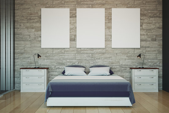 Modern bedroom with empty white banner