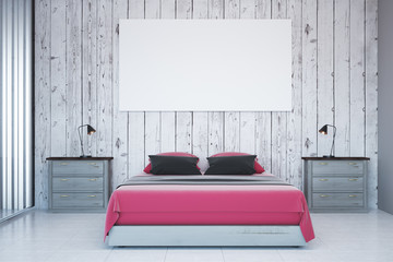 Modern white bedroom with empty poster