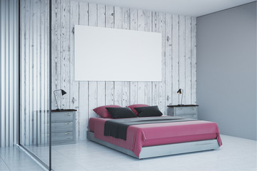 Contemporary white bedroom with empty poster