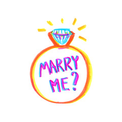 Abstract golden engagement ring with big shining diamond and question "Marry me?" in the middle painted in highlighter felt tip pen on clean white background