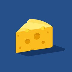Cheese vector icon on blue background with shadow. Yellow cheddar milk food. Breakfast or snack symbol. Bio, eco, organic product. Vector illustration.